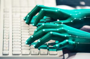 Close up image photography of a human hand in action with computer keyboard. Illustration image of people working too hard